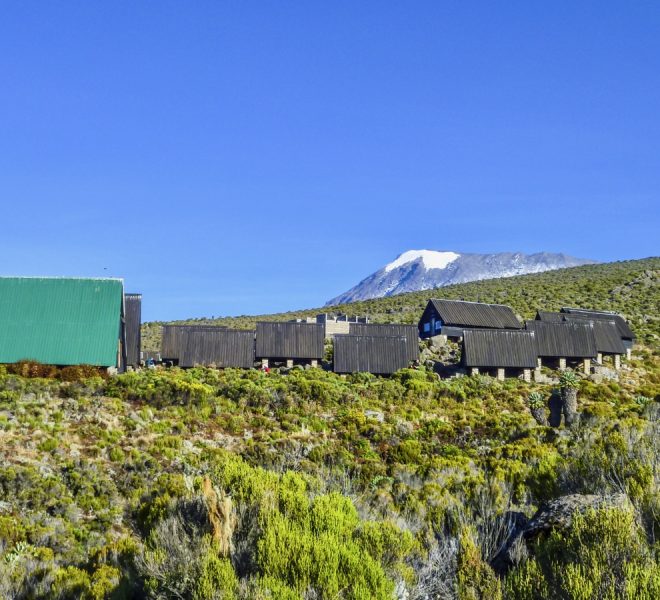 huts at Mount Kilimanjaro, the highest mountain in Africa (5892m), seen through the crops.